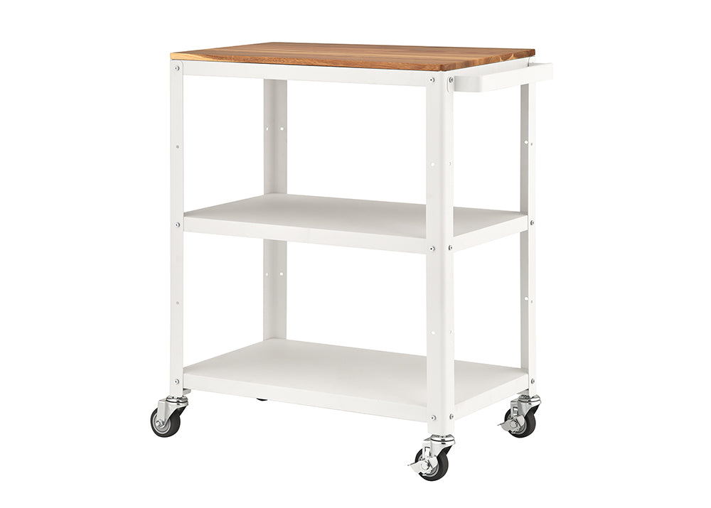 A white, three-tiered utility cart on wheels with a natural wood top surface. The metal cart features two white shelves and a handle, designed for storage and easy transport.
