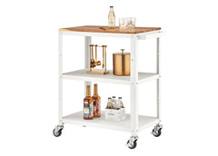 TRINITY | 3-Tier Metal Kitchen Cart | w/ Acacia Top | White