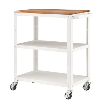A white, three-tiered utility cart on wheels with a natural wood top surface. The metal cart features two white shelves and a handle, designed for storage and easy transport.