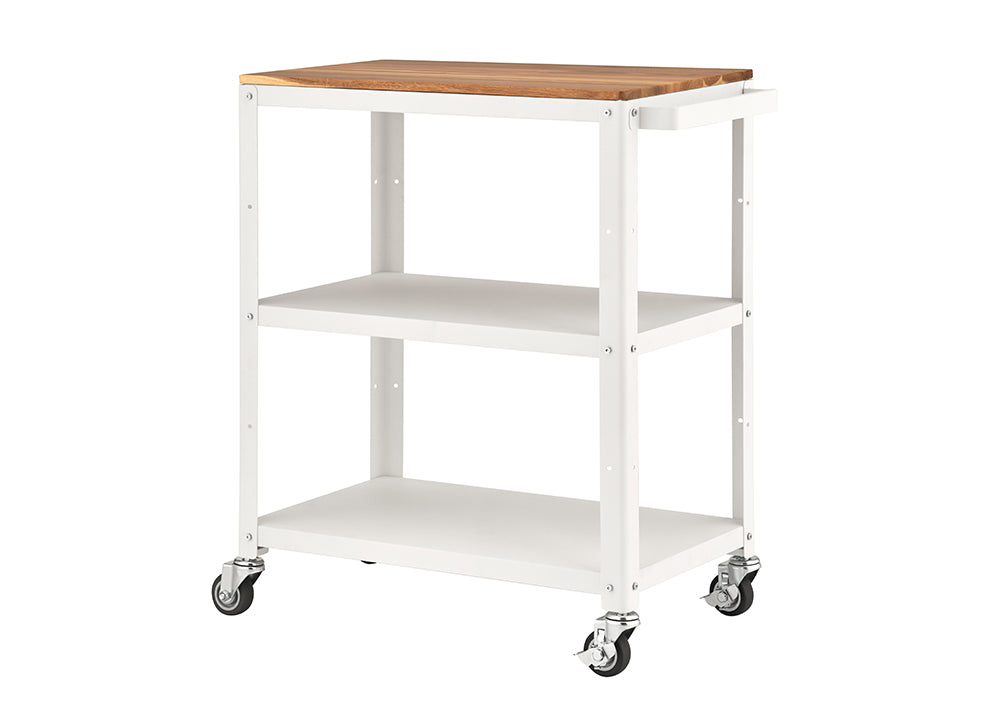 A white, three-tiered utility cart on wheels with a natural wood top surface. The metal cart features two white shelves and a handle, designed for storage and easy transport.