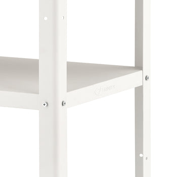 Close-up of a white metal shelving unit showing the corner where a shelf meets two vertical support posts, secured with visible screws. The surface has a smooth matte finish, and a faint brand logo is embossed on the shelf edge.