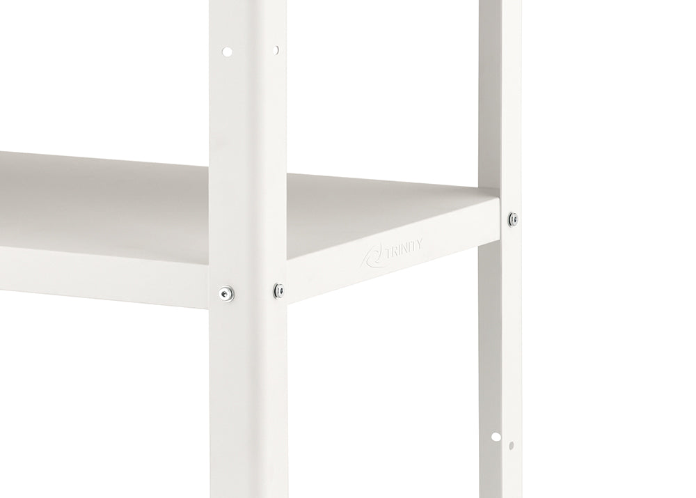 Close-up of a white metal shelving unit showing the corner where a shelf meets two vertical support posts, secured with visible screws. The surface has a smooth matte finish, and a faint brand logo is embossed on the shelf edge.