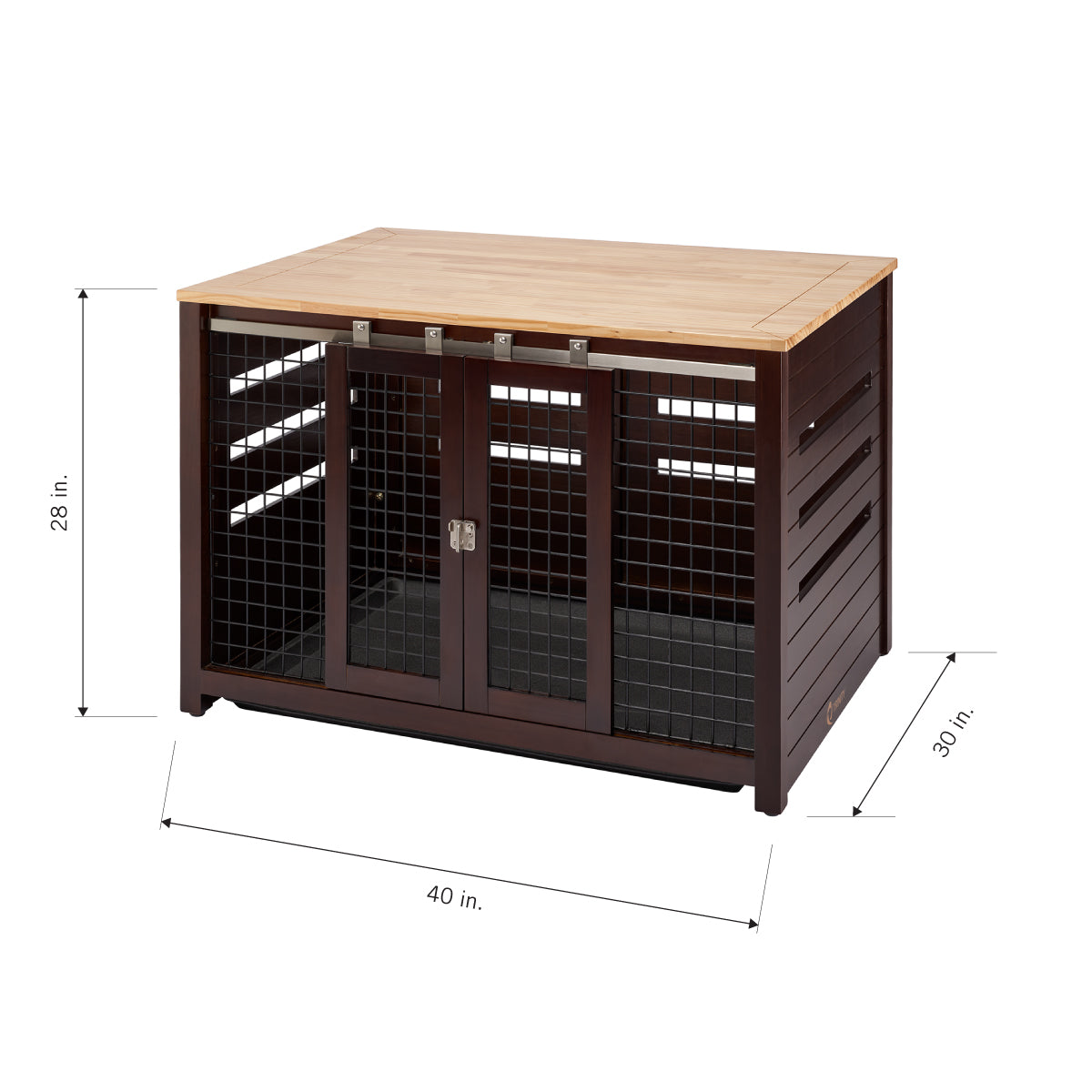 A large, dark brown wooden dog crate with a light wood top is shown from an angled front view. The crate features two front doors with metal grates, sliding barn door hardware, and slatted sides, with dimensions of 40 inches wide, 28 inches high, and 30 inches deep.