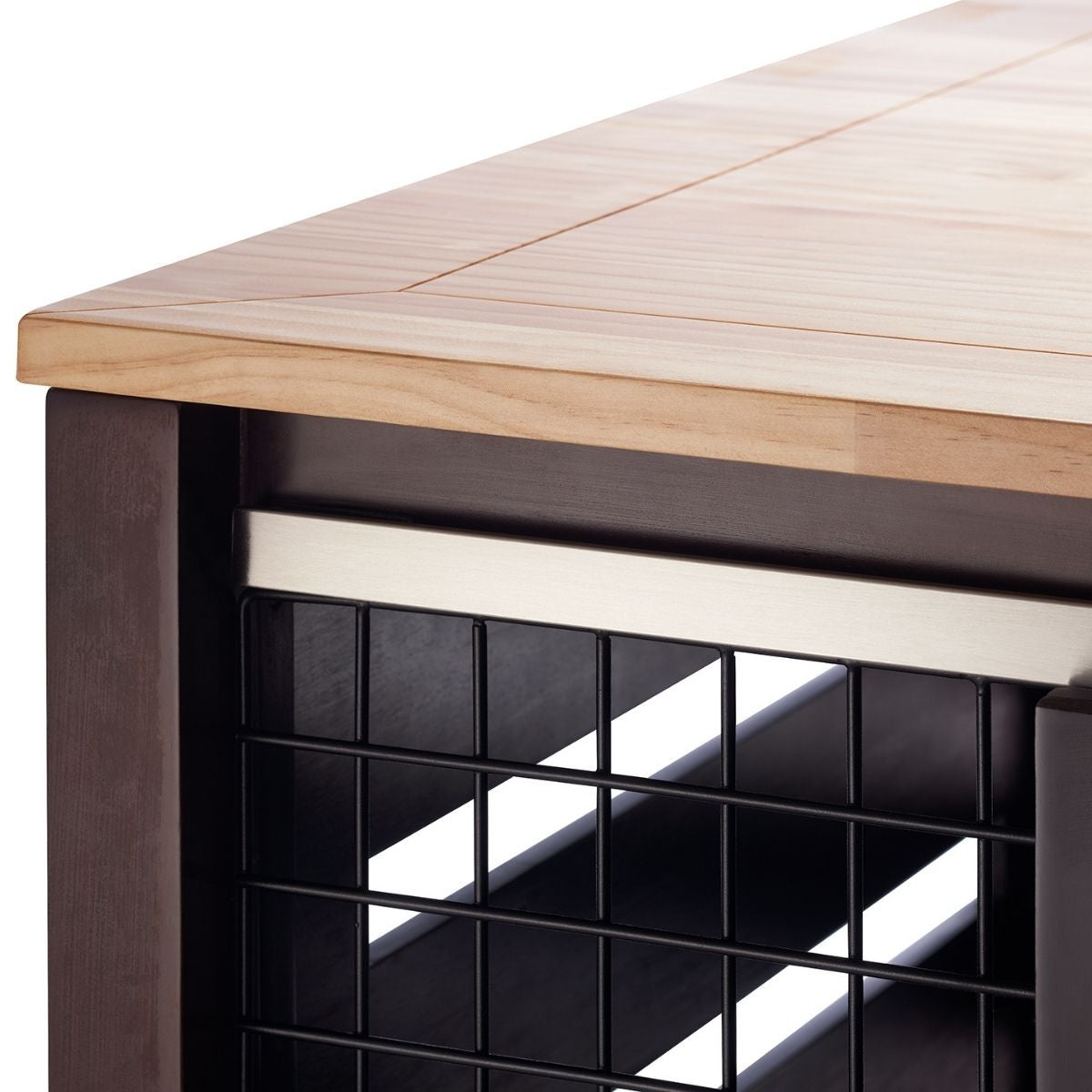 A close-up shot shows the corner of a Trinity 40" Pet Crate Accent Table. The table features a light-colored wooden top with a darker brown base and a black wire crate section visible underneath.