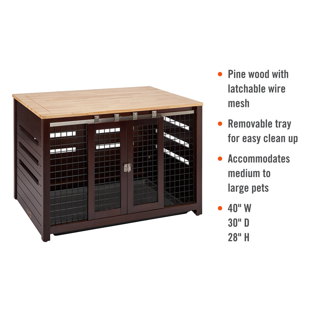 A brown wooden pet crate with a light brown wooden top is shown at a slight angle. To the right of the crate is a bulleted list describing its features, including pine wood construction with latchable wire mesh, a removable tray, accommodation for medium to large pets, and dimensions of 40 inches wide, 30 inches deep, and 28 inches high.