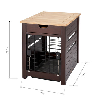 A dark brown wooden dog crate with a light wood top is shown from a slightly elevated, angled perspective. The crate features a front-facing metal gate, horizontal slatted sides, and dimensions labeled as 22.5 inches in height, 18 inches in width, and 24 inches in depth.