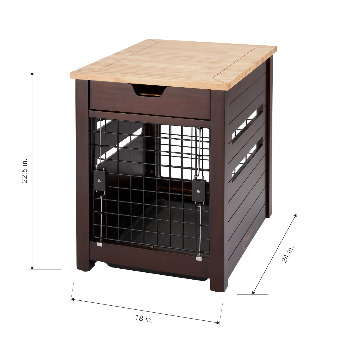 A dark brown wooden dog crate with a light wood top is shown from a slightly elevated, angled perspective. The crate features a front-facing metal gate, horizontal slatted sides, and dimensions labeled as 22.5 inches in height, 18 inches in width, and 24 inches in depth.