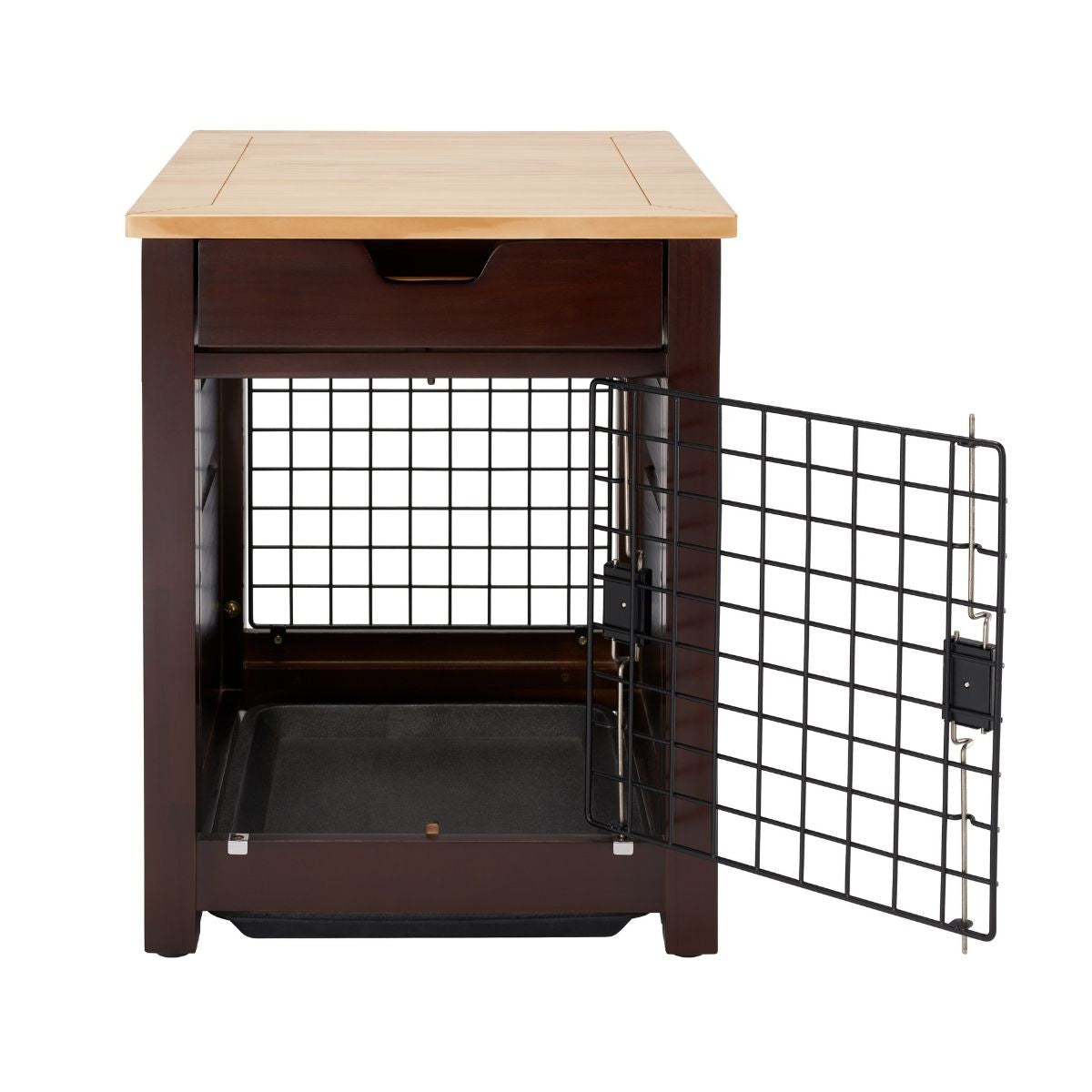 A dark brown wooden pet crate with a light brown wooden top and a drawer is shown with its black wire mesh door open. Inside the crate, a black plastic tray rests on the bottom.