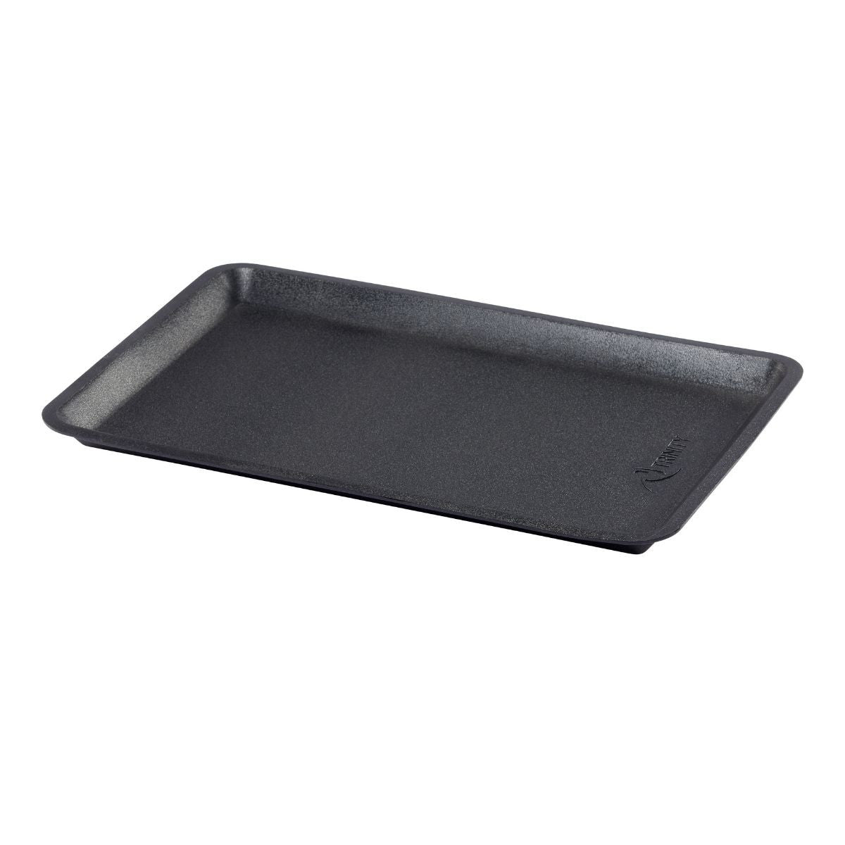 A slightly angled, eye-level shot shows an empty, rectangular black foam food tray with a subtle textured surface. The tray has a raised rim and rounded corners, suggesting it's designed for holding and presenting food items.