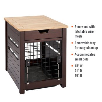 A brown wooden pet crate with a light-colored wooden top and a drawer is shown against a white background. To the right, bullet points list features including pine wood with latchable wire mesh, a removable tray, accommodation for small pets, and dimensions of 15