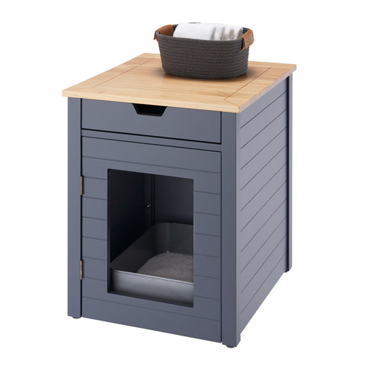 A dark gray wooden end table with a cat litter box enclosure is shown against a white background. The table features a light wood top, a drawer, and a door with a clear panel, revealing a litter box inside.