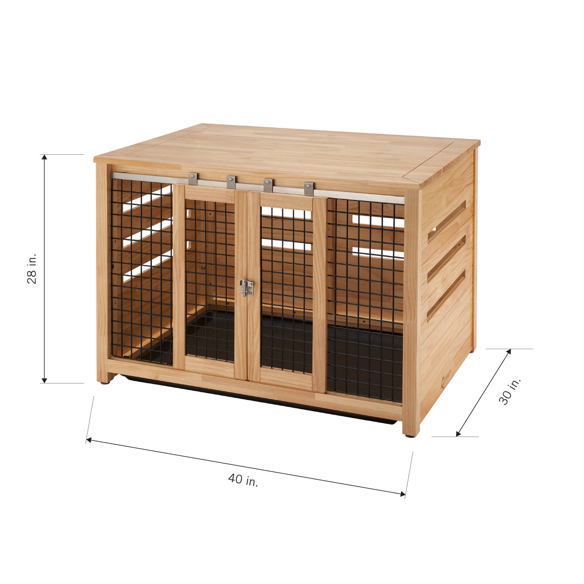 A natural wood pet crate with black metal bars and a sliding barn door style entry is shown from an eye-level perspective. Dimensions are indicated with arrows: 40 inches long, 28 inches high, and 30 inches deep.