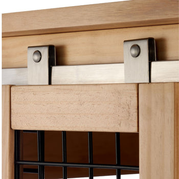 Close-up view of a light wood cabinet with a sliding door mechanism. Two silver metal rollers are attached to the top of the door and glide along a matching silver track mounted to the cabinet frame.