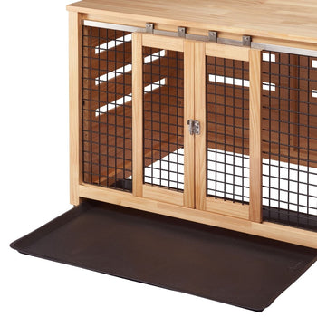 A Trinity 40-inch Wood Pet Crate Accent Table. It features a light wood finish with a sliding door and a black metal grate.