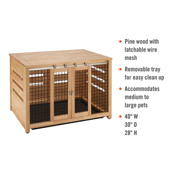 Sizing details of the forty inch wide thirty inch deep and twenty eight inch tall pet crate end table.