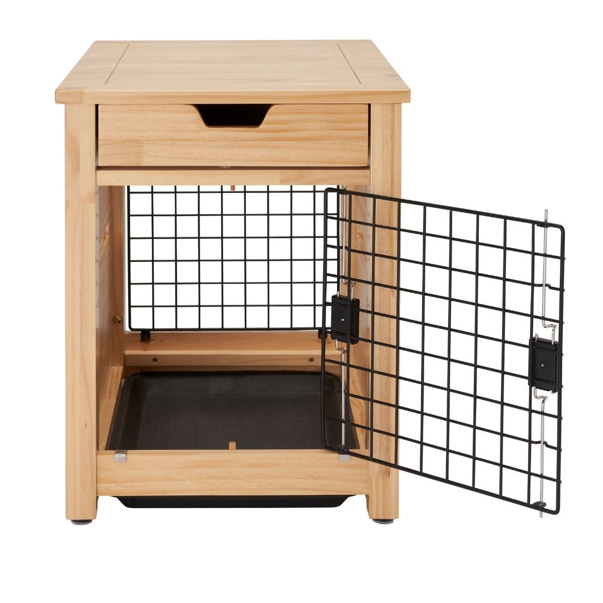 A light brown wooden pet crate end table with a drawer at the top has a black wire mesh door that is open to the right. Inside the crate is a black plastic tray.