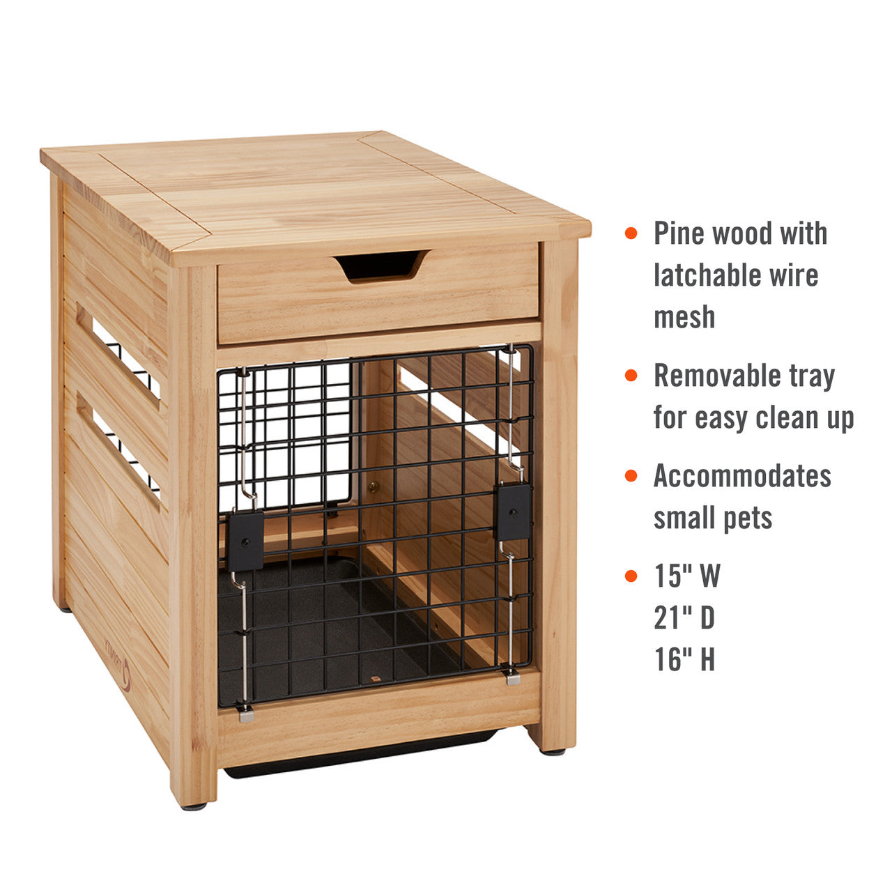 A light brown wooden pet crate end table with a drawer is shown against a white background. The crate has a black wire mesh door with a latch and ventilation slats on the sides, and the dimensions are listed as 15 inches wide, 21 inches deep, and 16 inches high.