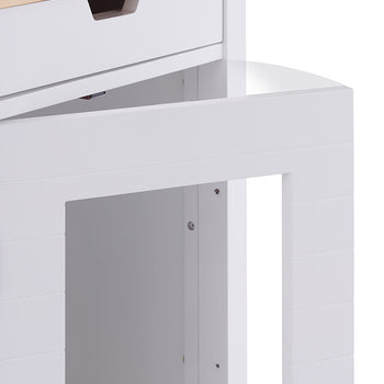 A close-up shot of a white kitchen island corner with a light wood countertop, featuring a partially open white door with a clear acrylic panel. The door reveals a shelf inside the island.