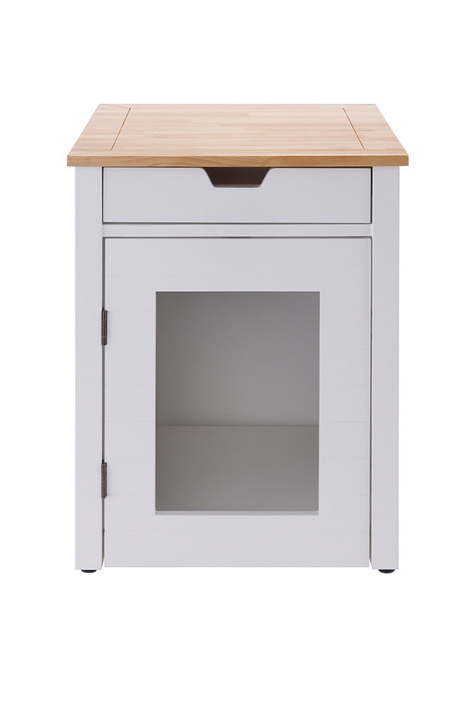 A white, square end table with a light wood top is shown against a white background. The table features a drawer at the top and a cabinet door below with a clear panel, likely concealing a litter box.