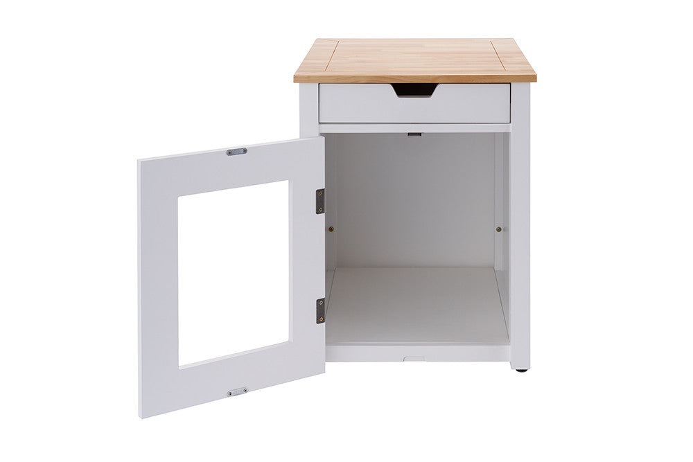 A white end table with a light wood top and an open door revealing a white interior. The table also features a small drawer with a dark rectangular handle.