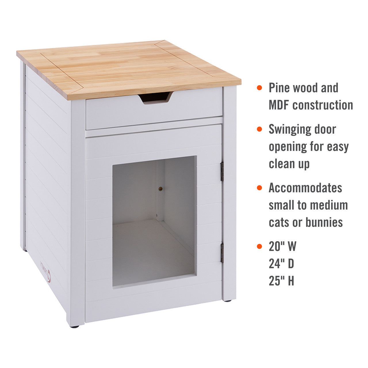 White pet furniture cabinet with a wood top, featuring a front door with a clear window and a pull-out drawer above. Text highlights include pine wood and MDF construction, swinging door for easy cleanup, suitable for small to medium cats or bunnies, and dimensions of 20" W x 24" D x 25" H.