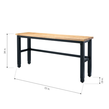 A long, rectangular workbench with a light wood top and dark metal legs is shown against a white background. Dimensions are indicated with arrows, showing the workbench is 72 inches long, 34 inches high, and has an adjustable leg extension of 19 inches.
