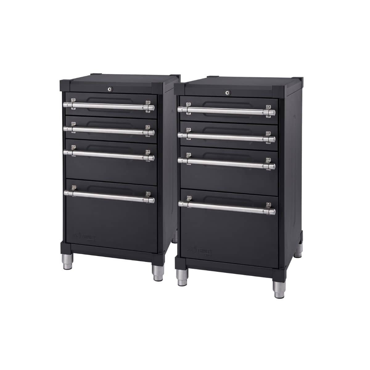 Two black Trinity Pro garage base cabinets, each featuring four drawers with silver handles. The cabinets have a sleek, industrial design and are positioned side-by-side.