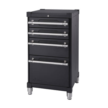 A black Trinity Pro garage base cabinet with four drawers and silver handles is shown against a white background. The cabinet has a lock on the top drawer and adjustable silver feet.