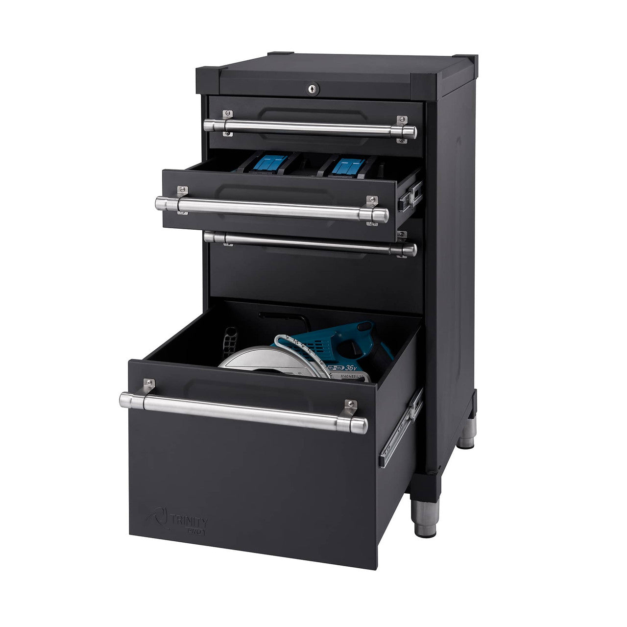 A black Trinity Pro garage base cabinet with two drawers partially open, revealing tools inside. The second drawer contains two small blue and black organizers, while the bottom, deeper drawer holds a circular saw and other tools.