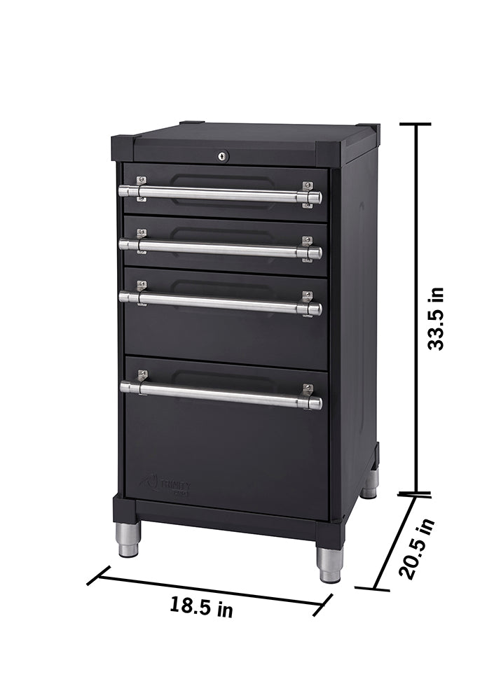 A black, five-drawer Trinity Pro tool chest is shown with its dimensions labeled. The chest has a height of 33.5 inches, a depth of 20.5 inches, and a width of 18.5 inches.