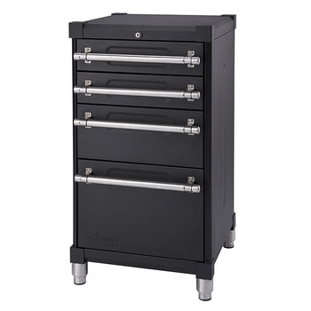 A matte black metal tool cabinet with five drawers, each featuring a long, silver-colored handle. The cabinet stands on four cylindrical silver legs and has a lock on the top surface.