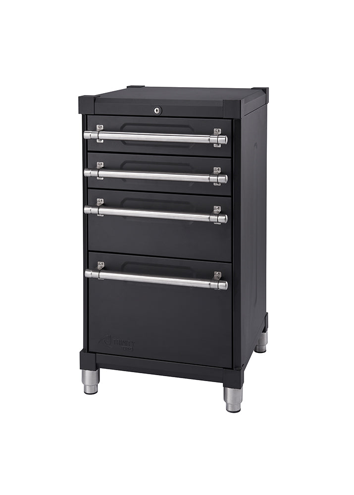 A matte black metal tool cabinet with five drawers, each featuring a long, silver-colored handle. The cabinet stands on four cylindrical silver legs and has a lock on the top surface.