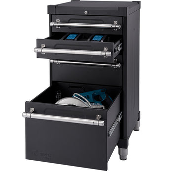 A black metal storage cabinet with three drawers is shown on a white background. The top two drawers are partially open, revealing small blue containers, while the bottom, larger drawer is also open, showing a power saw and other tools inside.