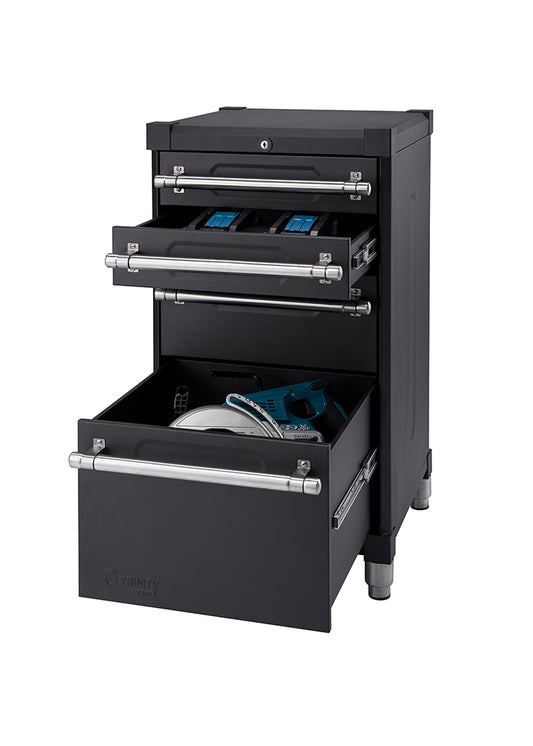 A black metal storage cabinet with three drawers is shown on a white background. The top two drawers are partially open, revealing small blue containers, while the bottom, larger drawer is also open, showing a power saw and other tools inside.