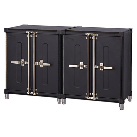 A set of two black, two-door garage cabinets. Each cabinet has silver, industrial-style handles and hinges, and they rest on short, cylindrical, silver legs.