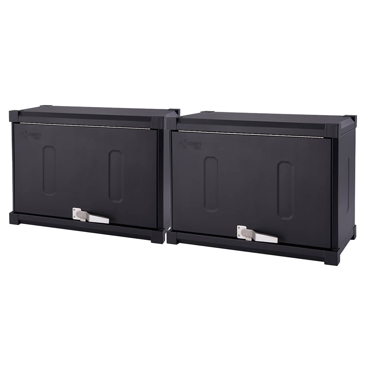 The image shows two black, steel wall cabinets,. Each cabinet features a rectangular door with a silver handle.