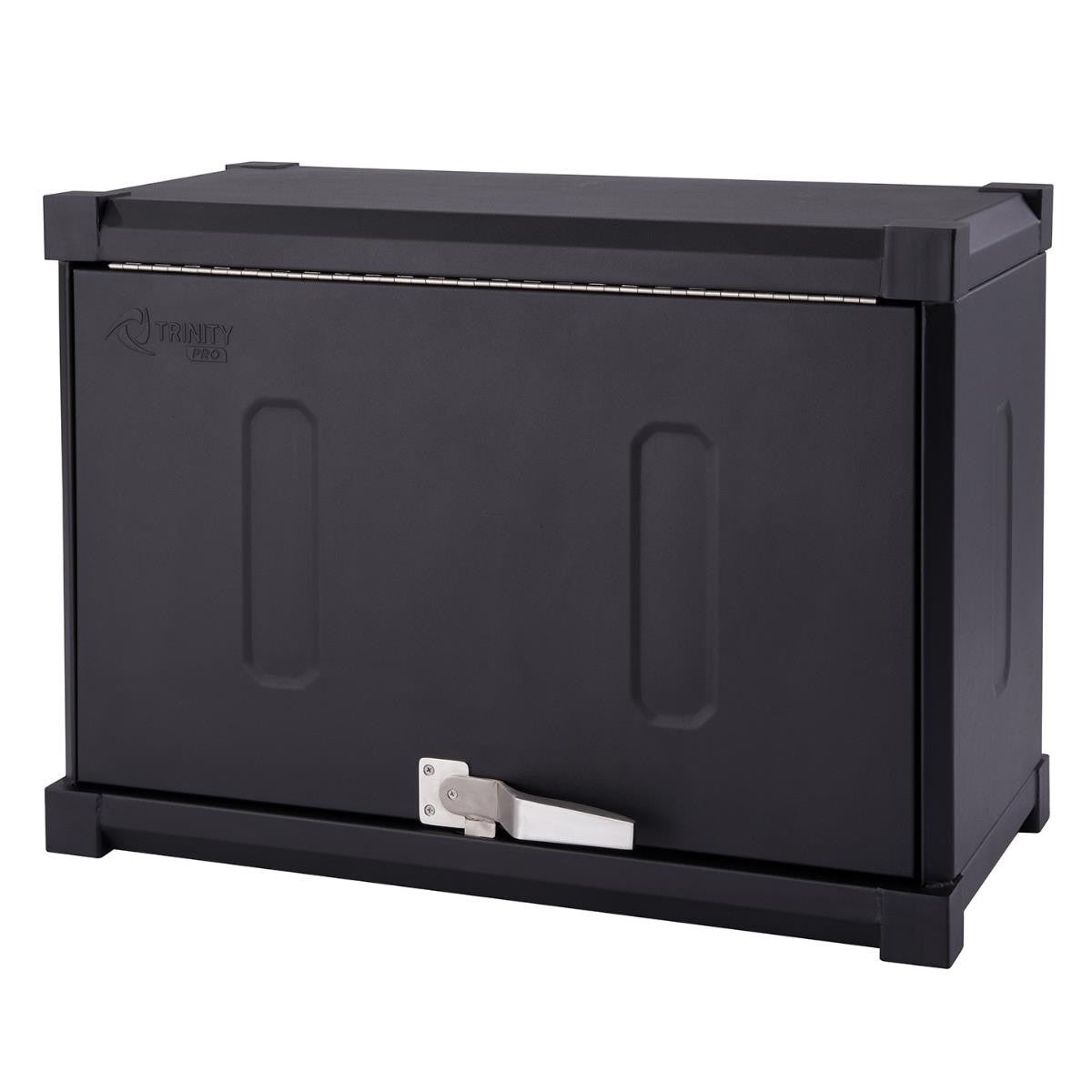 A closed, black wide wall-mounted cabinet is shown against a white background. The 18-gauge steel cabinet has a hinged door with a silver latch and handle.