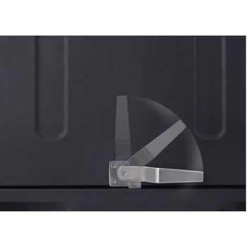 A close-up shows the stainless steel handle and hinge mechanism of a black metal cabinet door. The handle is depicted in a closed, horizontal position and with a motion blur effect showing its arc of movement to an open, vertical position.
