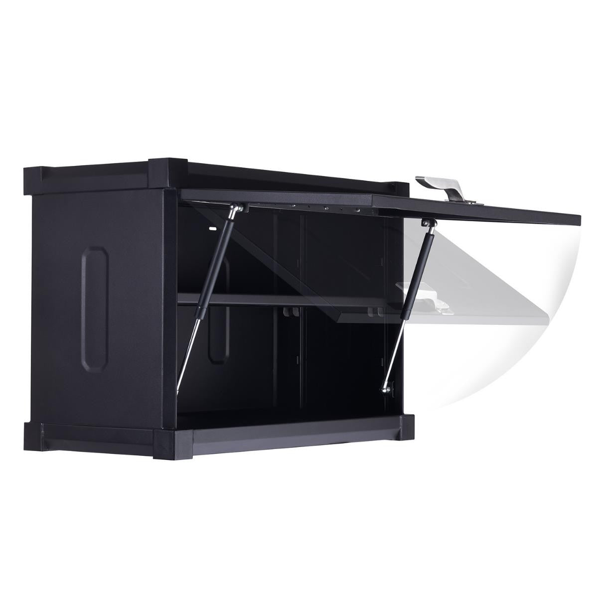 A close-up shot shows a black Trinity PRO garage cabinet with its top door partially open. Two silver gas struts support the open door, which is shown in a motion blur to indicate its upward swing.