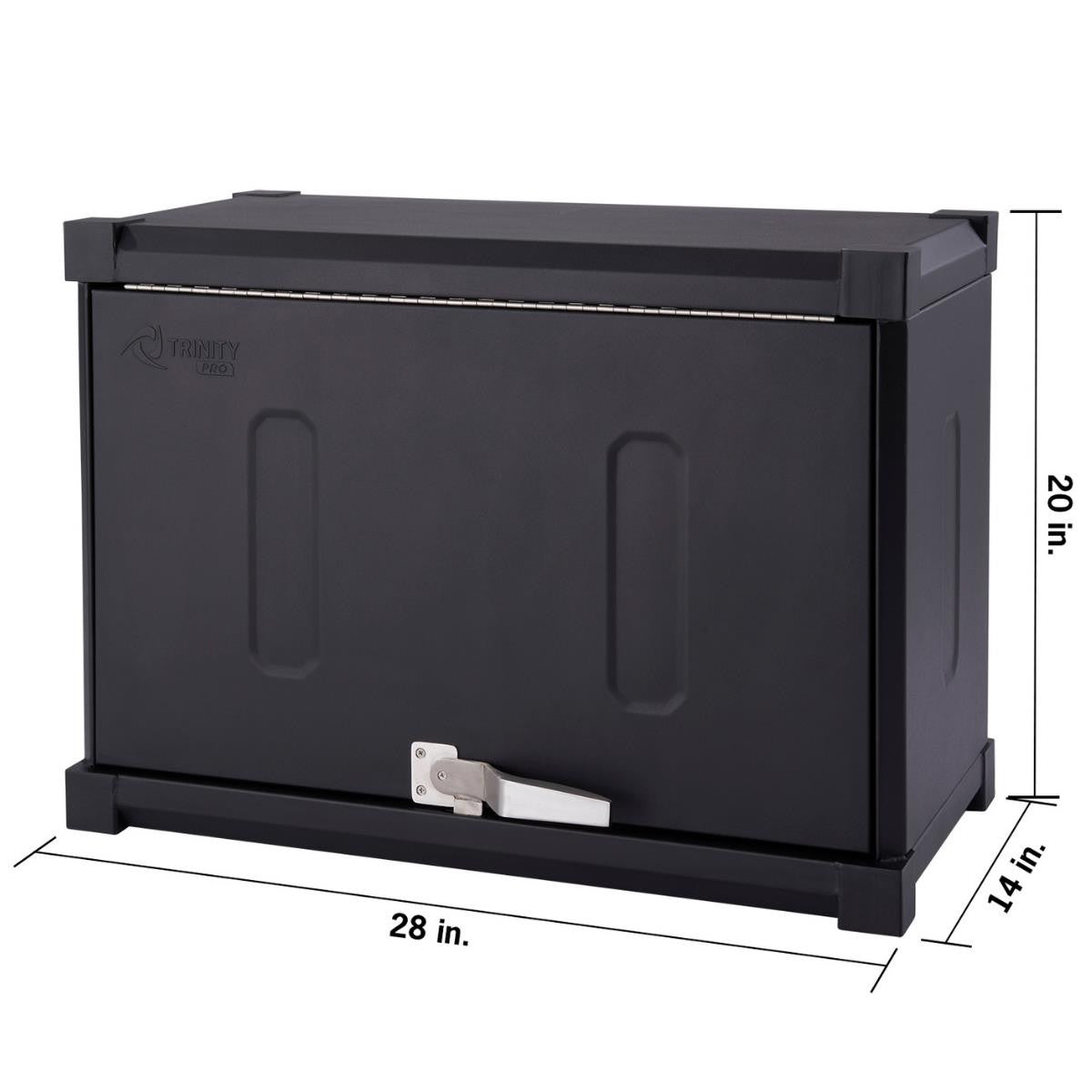 A black, 18-gauge steel wall cabinet is shown angled to the right, displaying its front and right side. Dimension labels indicate the cabinet is 28 inches wide, 20 inches high, and 14 inches deep.
