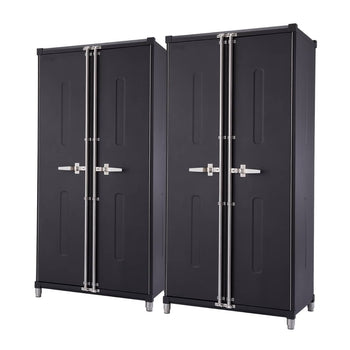Two tall, black 18-gauge steel garage cabinet lockers stand side-by-side against a white background. Each locker features double doors with vertical silver handles and a latching mechanism, along with four short, cylindrical silver legs.