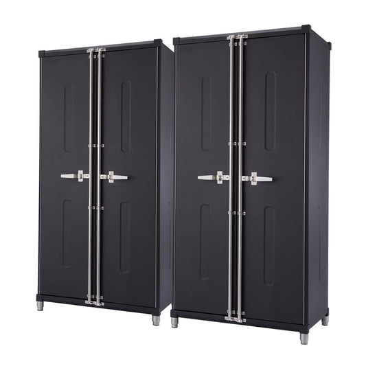 Two tall, black 18-gauge steel garage cabinet lockers stand side-by-side against a white background. Each locker features double doors with vertical silver handles and a latching mechanism, along with four short, cylindrical silver legs.