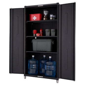 A black, 13-piece Trinity PRO 18-gauge steel garage storage system stands open, revealing four shelves stocked with various items. The contents include water jugs, storage containers, a first-aid kit, and other miscellaneous supplies, suggesting organized storage within a garage or similar space.