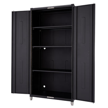 A black Trinity Pro Garage Locker Cabinet with its double doors swung wide open reveals three adjustable shelves inside. The metal cabinet stands on four short, cylindrical legs.