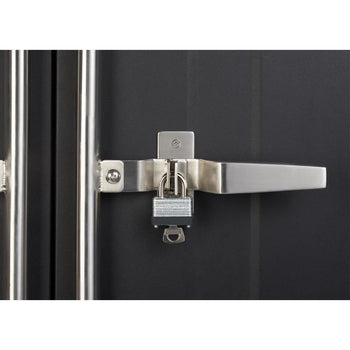 A close-up shows a silver padlock securing the latch of a dark-colored metal storage cabinet. The latch mechanism features a horizontal handle and is affixed to the cabinet door with visible screws.