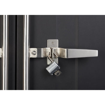 A close-up shows the silver latch and handle of a dark-colored storage cabinet, secured with a small padlock. The padlock is open, with its shackle looped through the latch mechanism and a key inserted in its cylinder.