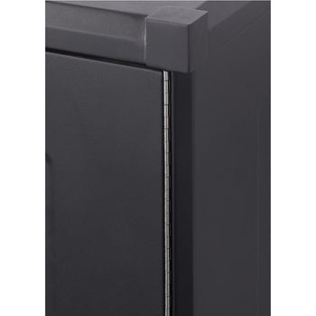 A close-up shot shows the hinge of a dark gray metal cabinet door. The hinge is a long, slender piece of silver metal connecting the edge of the door to the cabinet frame.