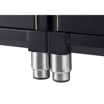 A close-up of the legs of a Trinity Pro 5-Piece Garage Cabinet Set. The legs are silver and have black bases.