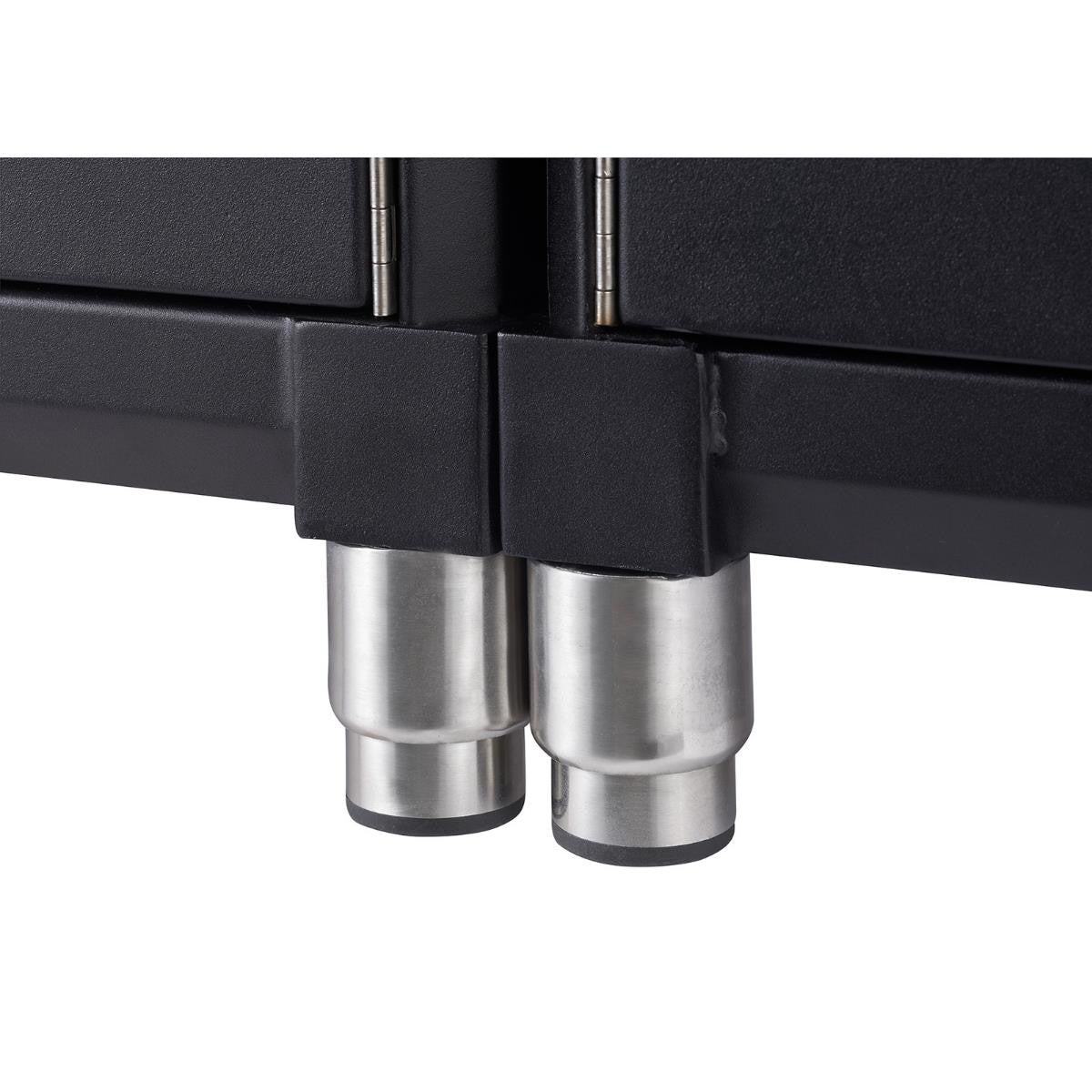 A close-up of the legs of a Trinity Pro 5-Piece Garage Cabinet Set. The legs are silver and have black bases.