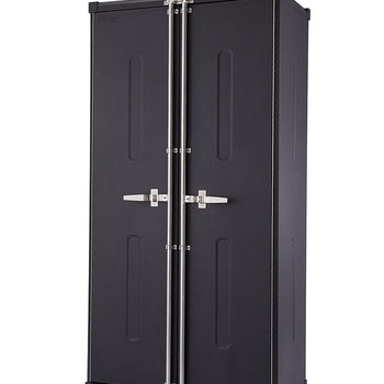 A sleek, dark gray or black storage cabinet with two doors stands on four silver cylindrical feet. The doors feature silver-colored latches and long, vertical recessed panels, suggesting a modern and robust design.